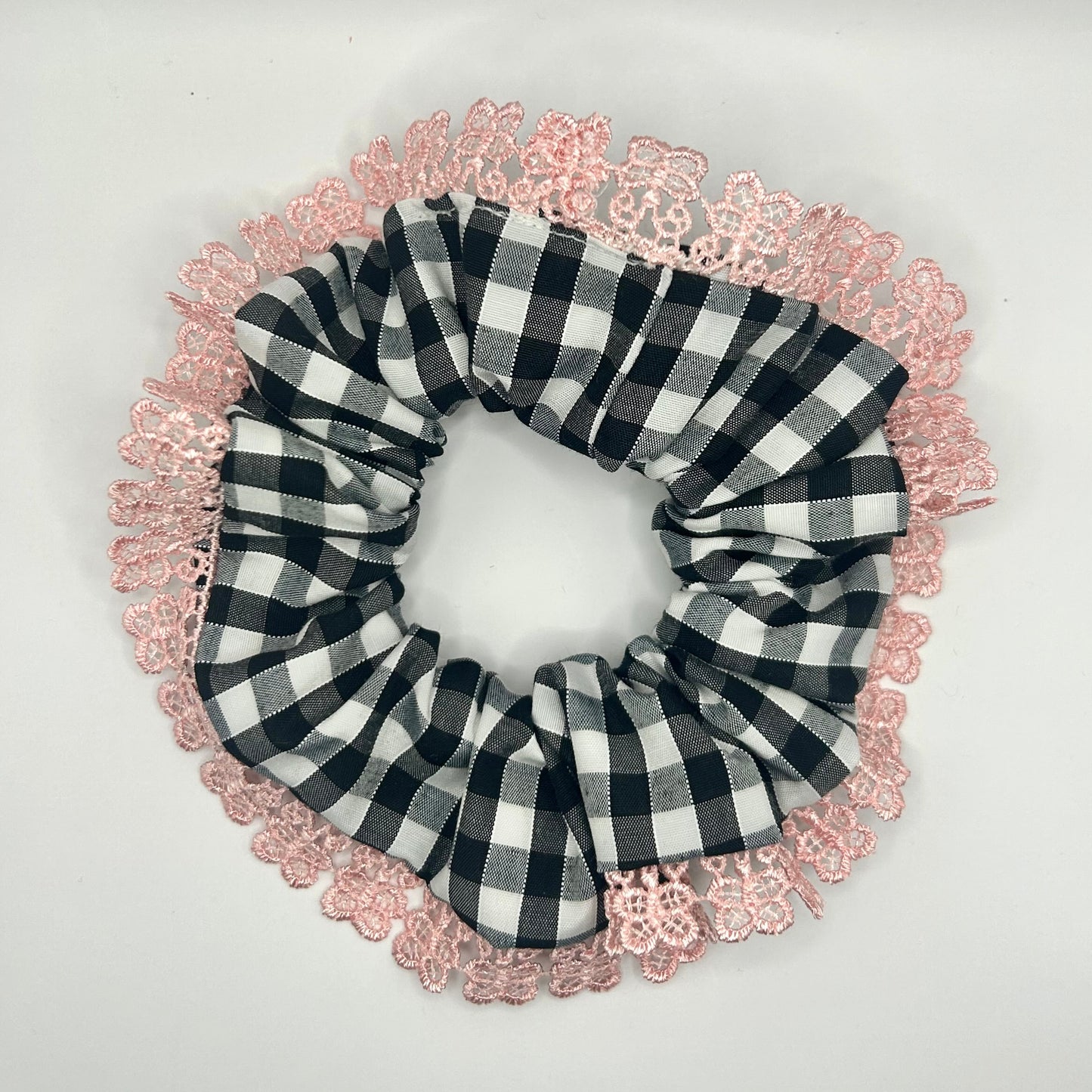 Black and White Gingham Scrunchie with Pink Trim