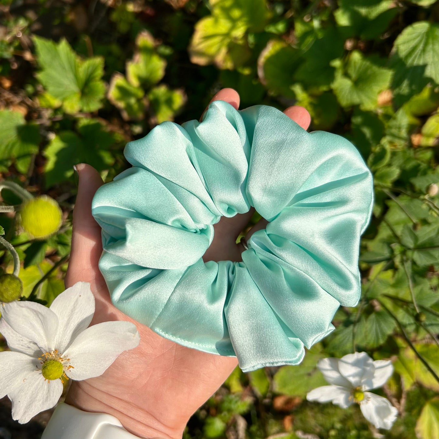 Aqua Blue Satin Scrunchie