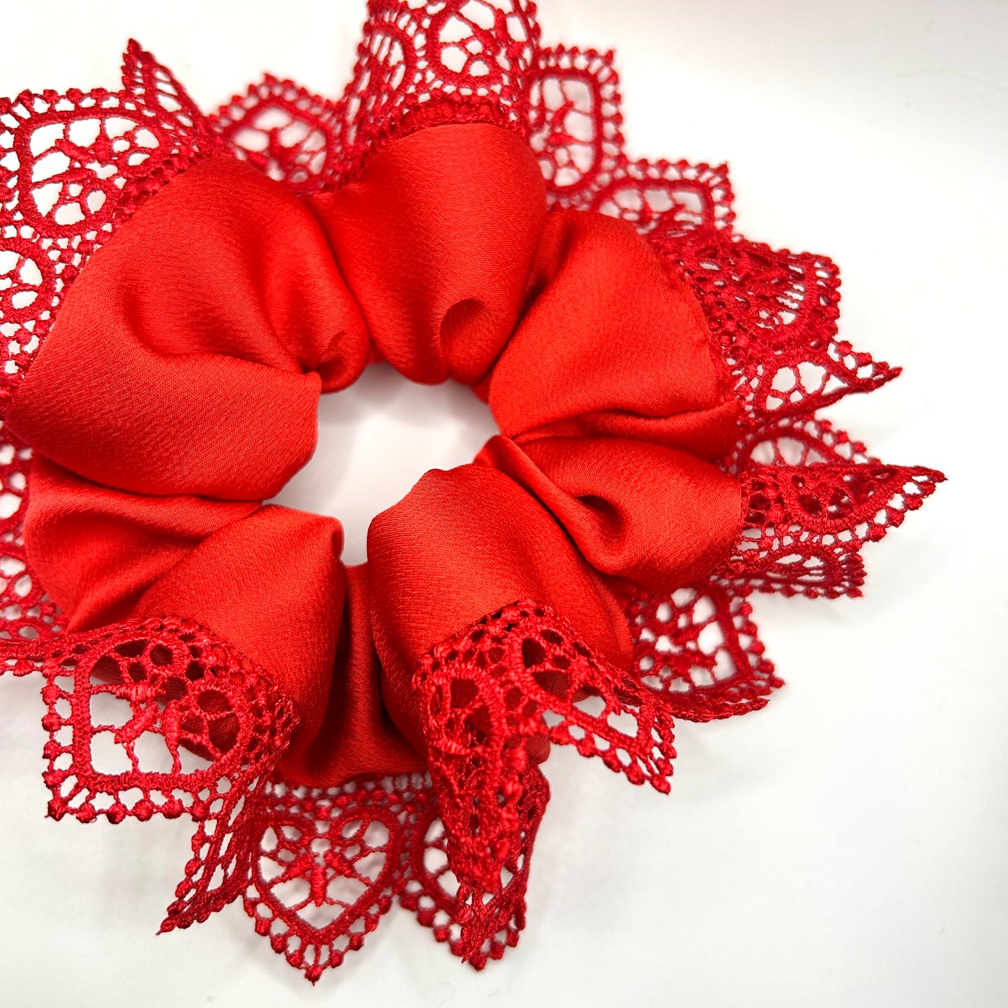 Red Satin Scrunchie with Love Heart Trim
