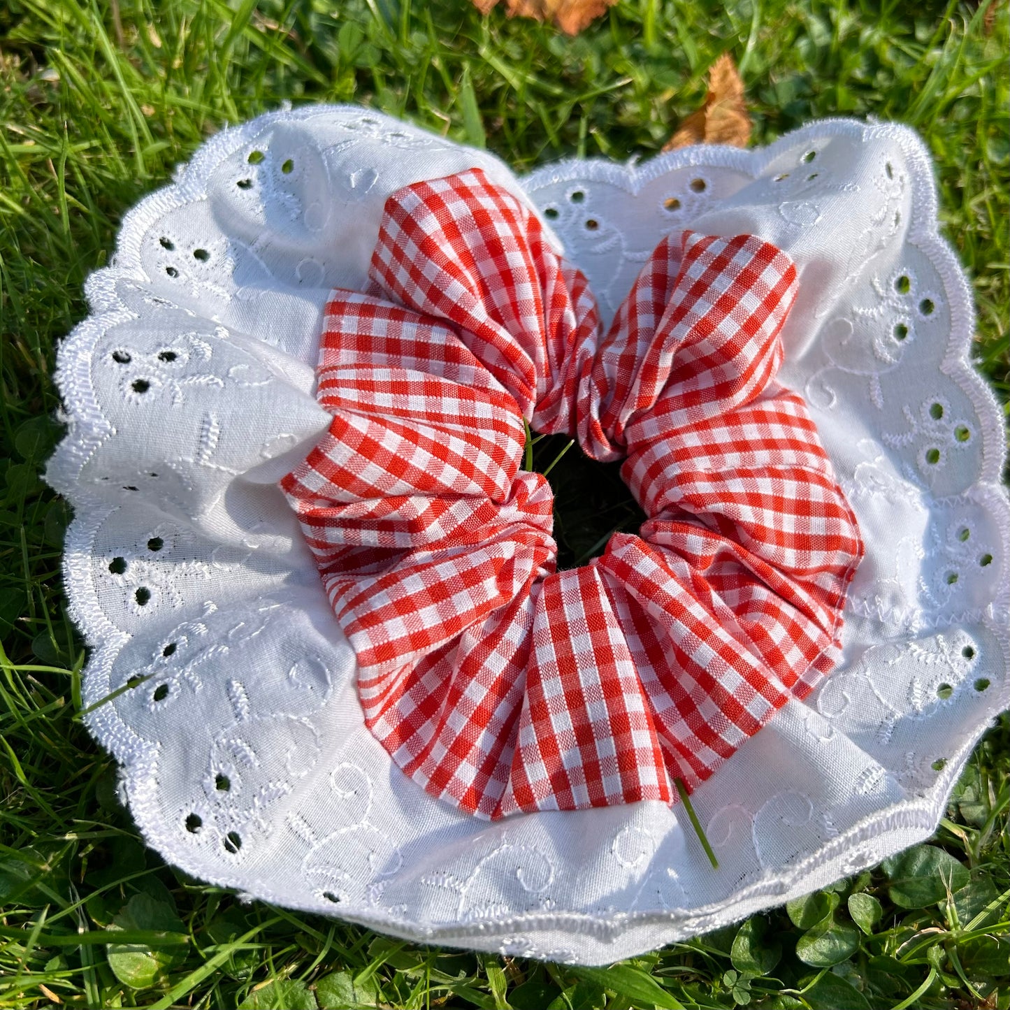 Orange Gingham Scrunchie with Broderie Trim