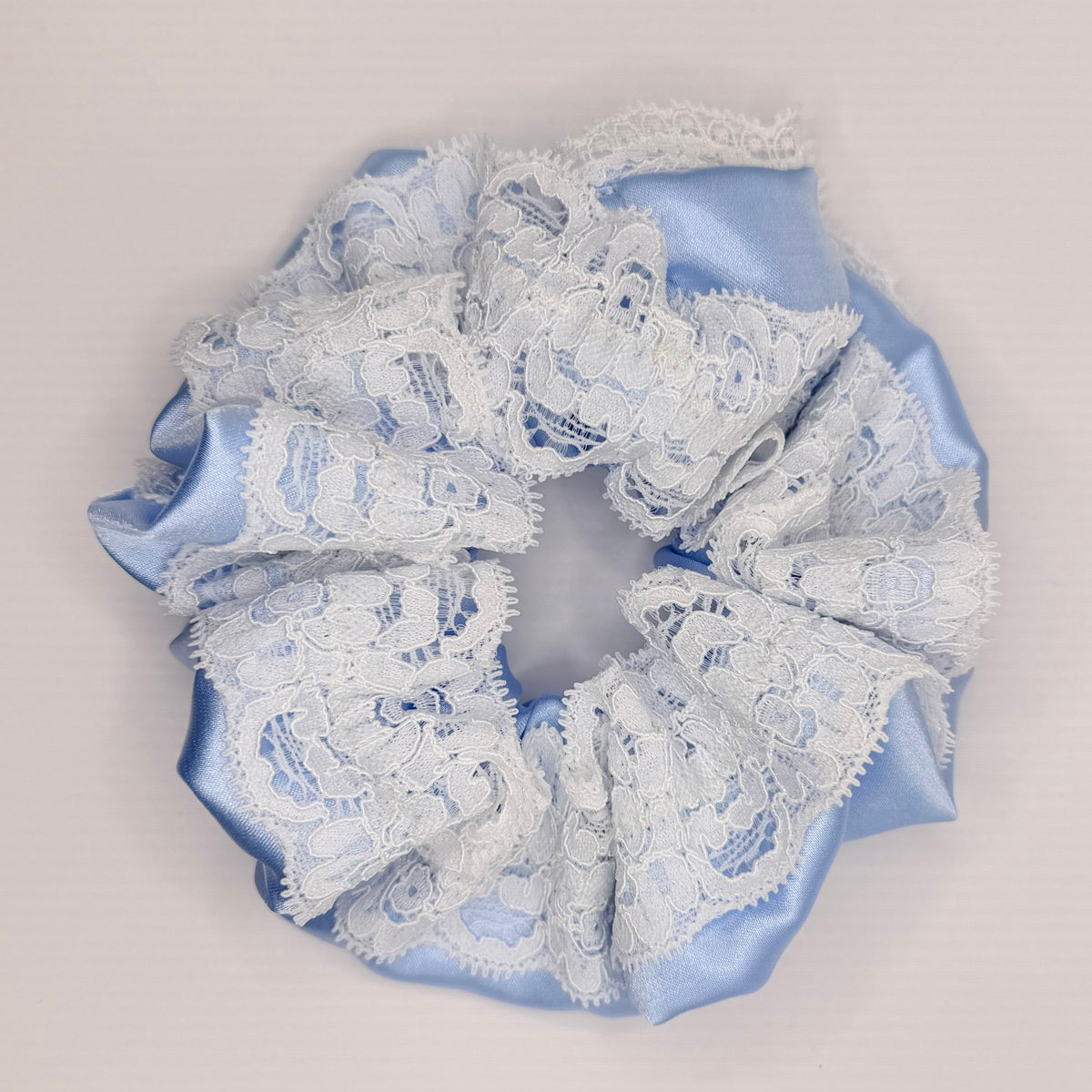 Baby Blue Satin Scrunchie with Lace Trim