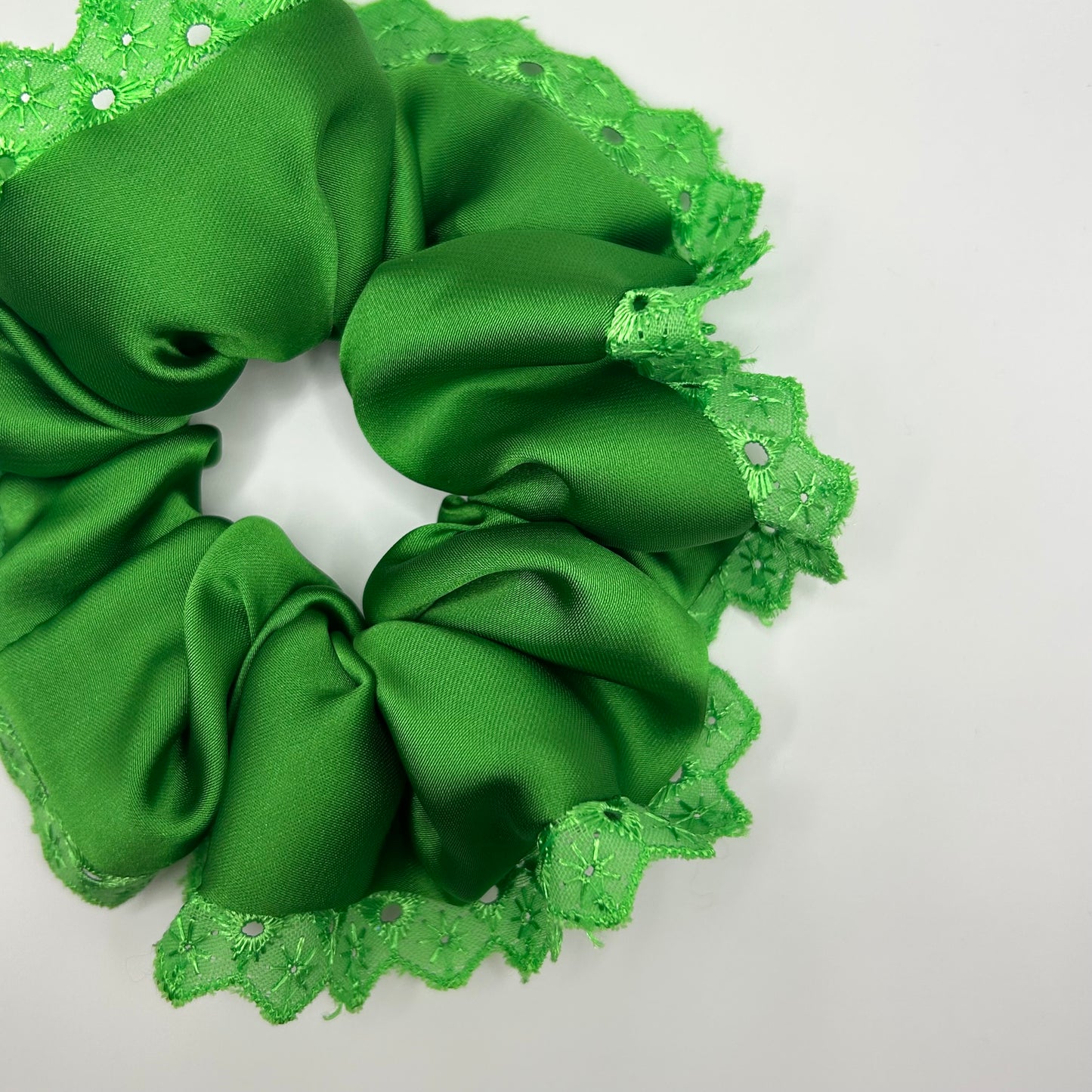 Shamrock Green Satin Scrunchie with Lace Trim
