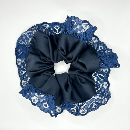 Dark Navy Satin Scrunchie with Lace Trim