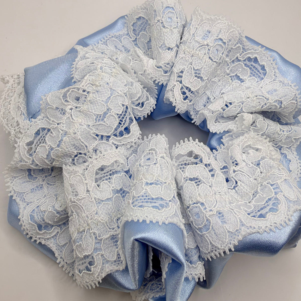 Baby Blue Satin Scrunchie with Lace Trim