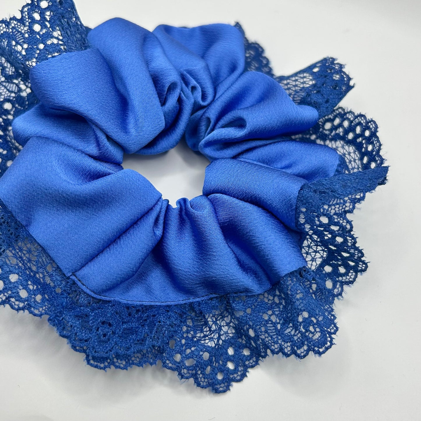 Royal Blue Satin Scrunchie with Lace Trim