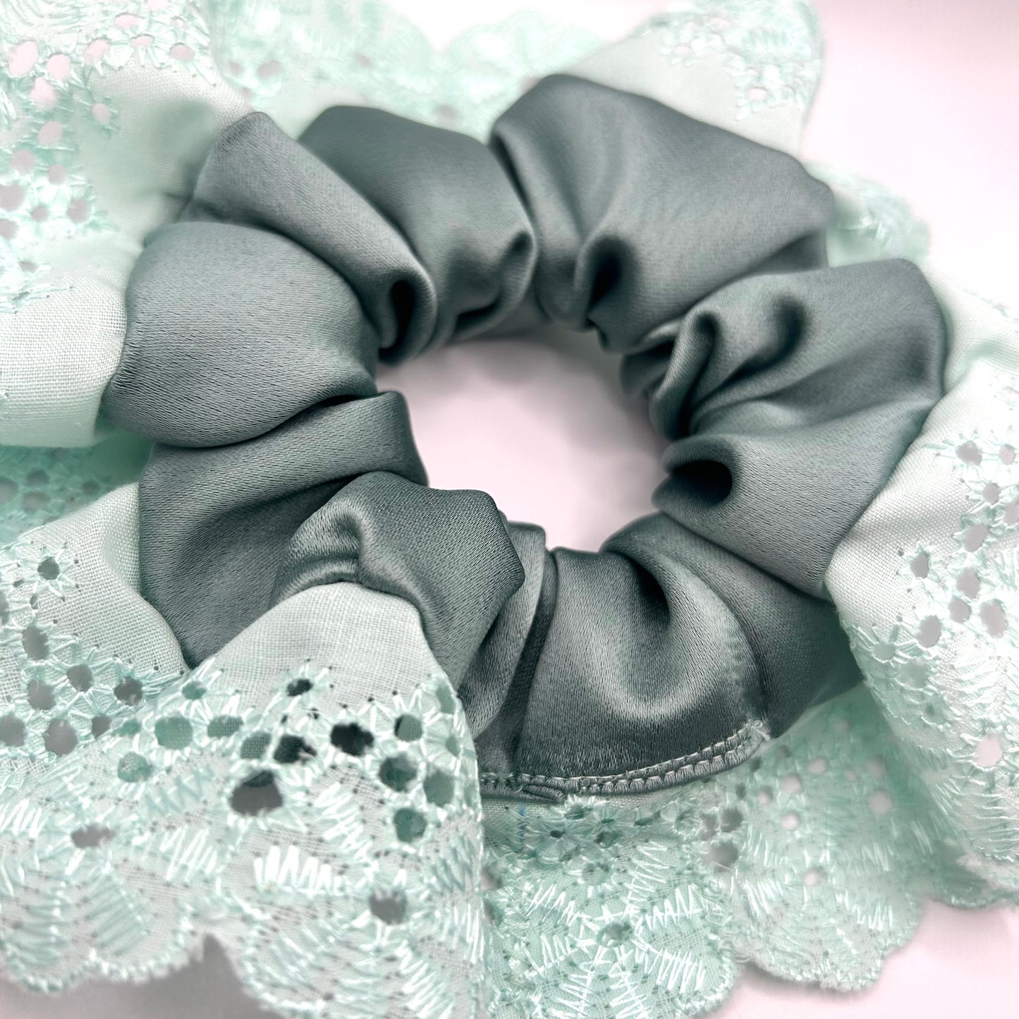 Duck Egg Blue Satin Scrunchie with Aqua Lace Trim
