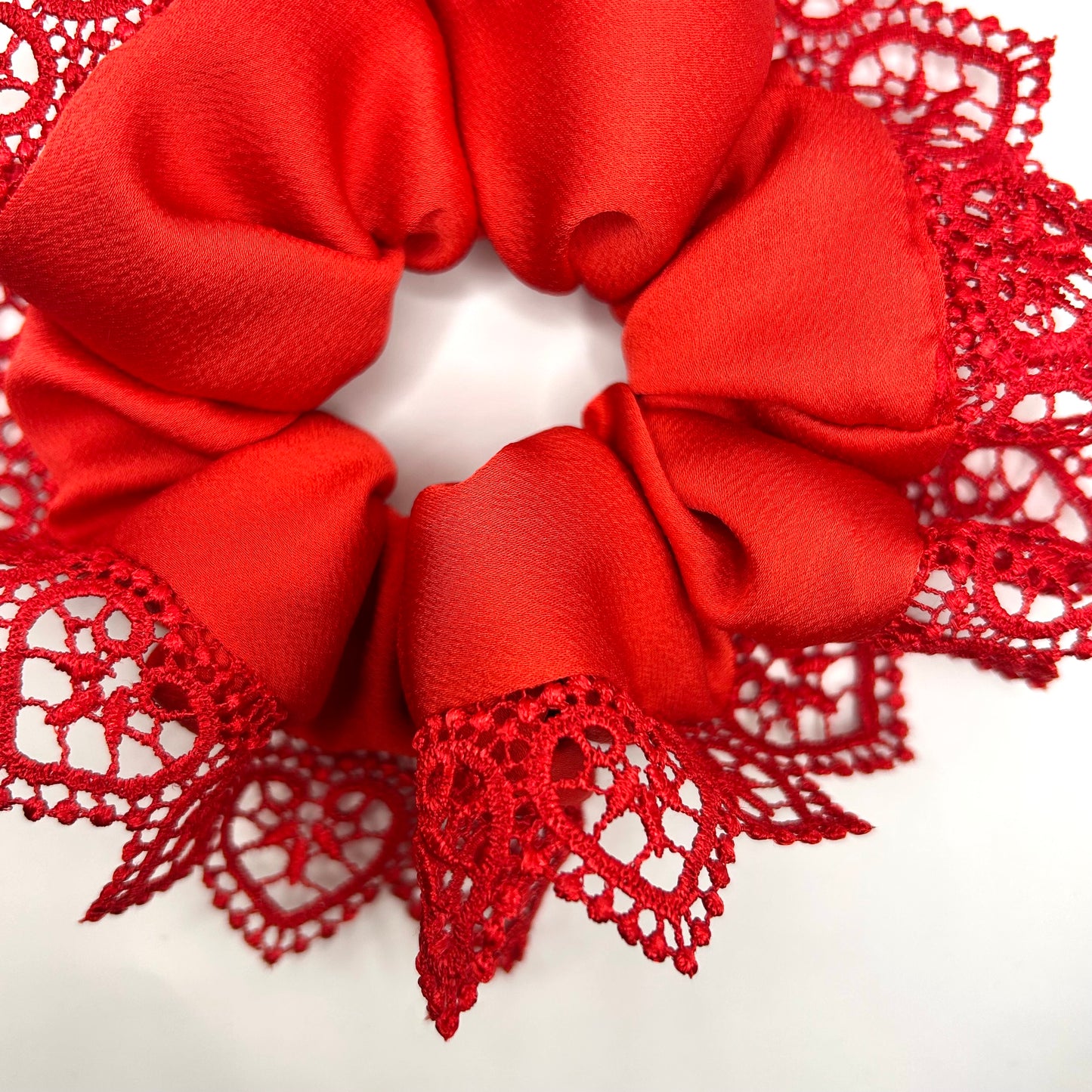 Red Satin Scrunchie with Love Heart Trim