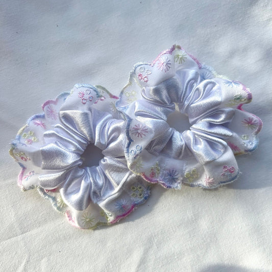 White Satin Baby Scrunchie with Pastel Trim