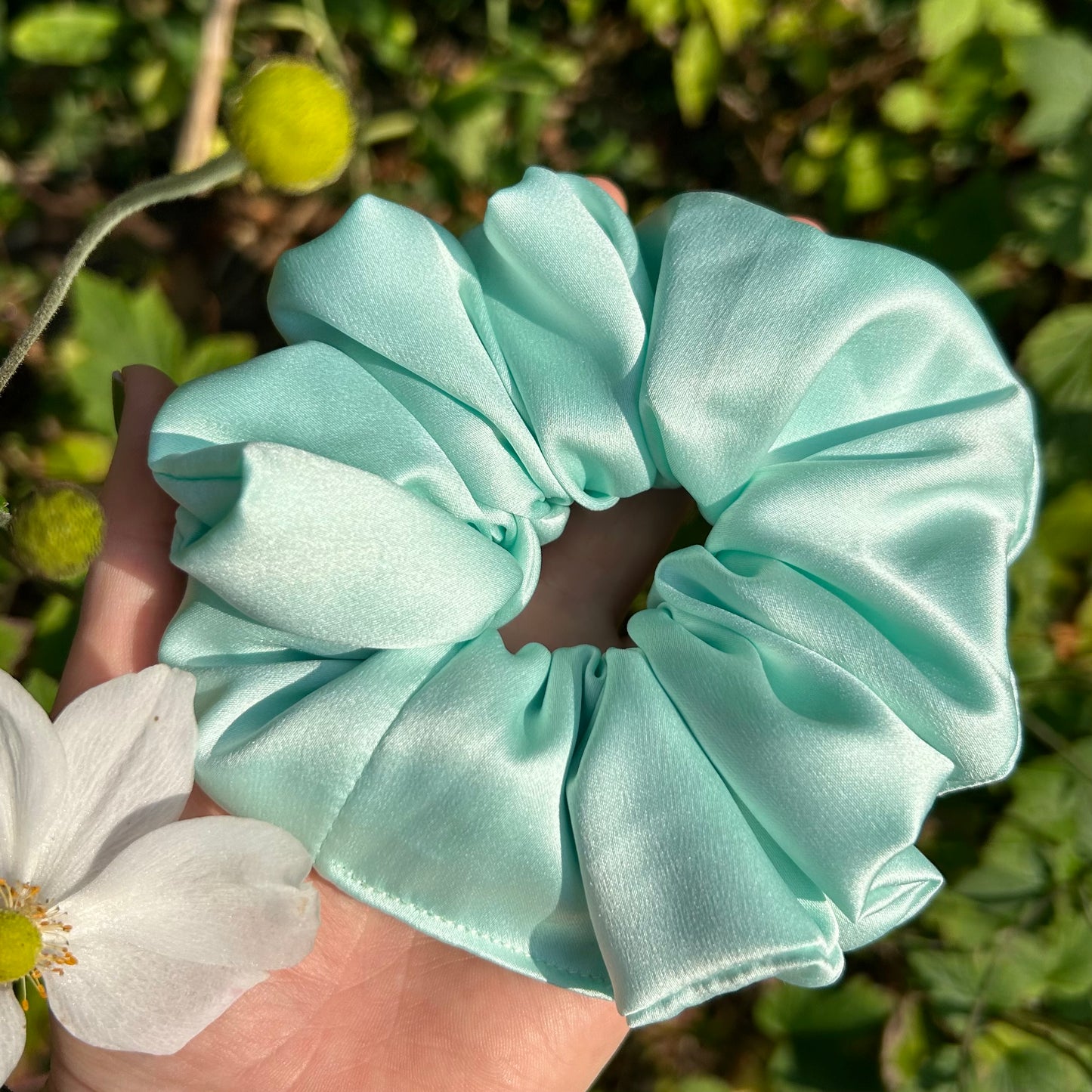 Aqua Blue Satin Scrunchie