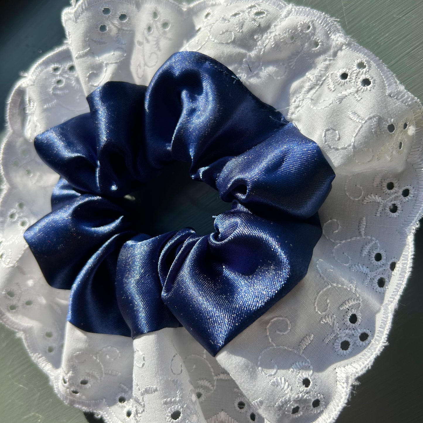 Midnight Blue Satin Scrunchie with Broderie Trim