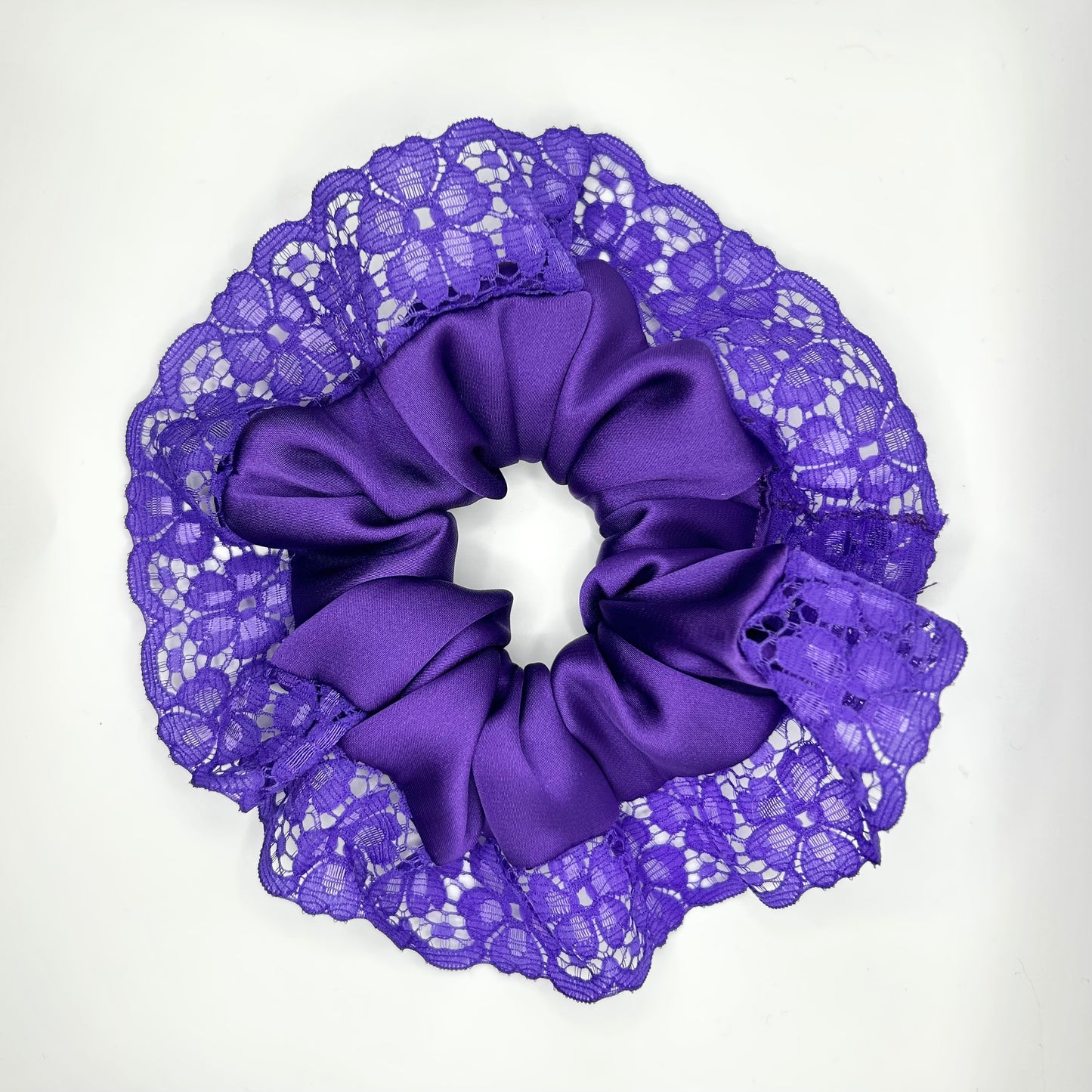 Deep Purple Satin Scrunchie with Floral Lace Trim