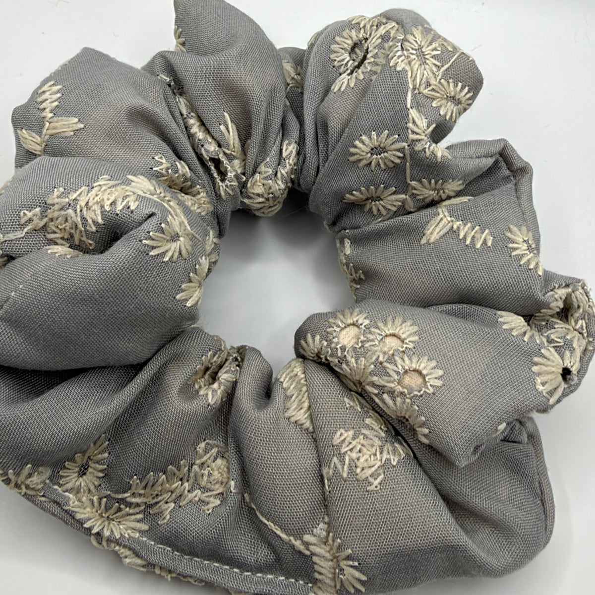 Grey Embroidered Scrunchie