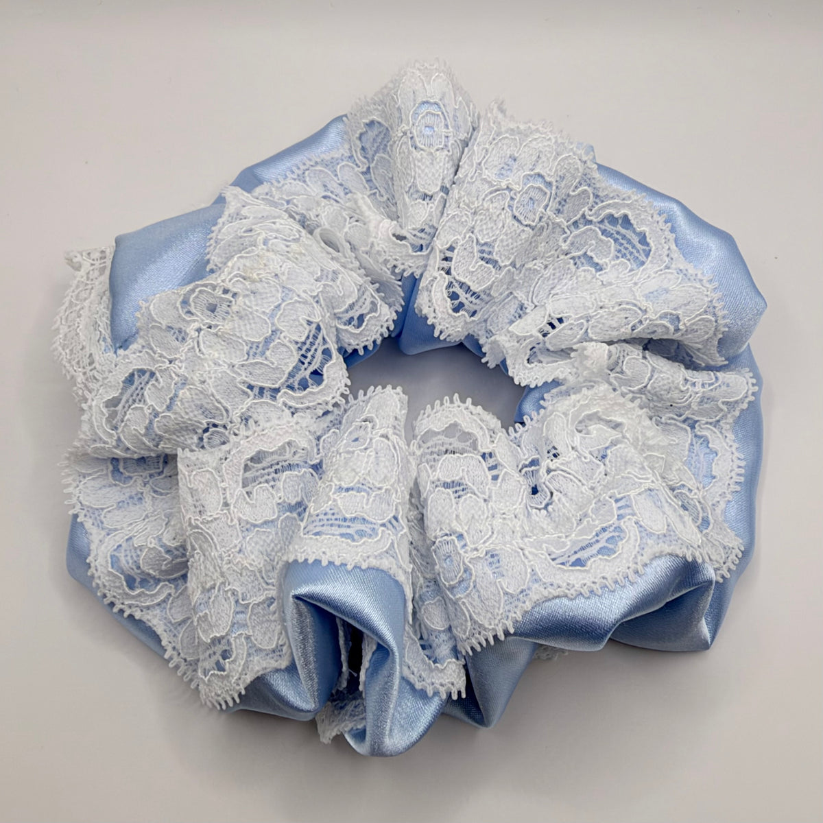 Baby Blue Satin Scrunchie with Lace Trim