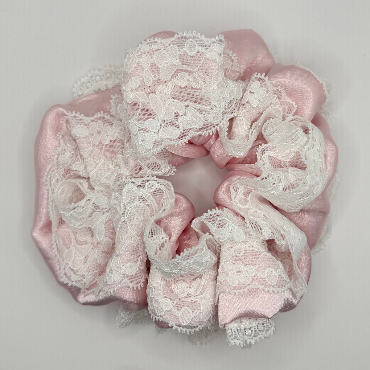 Baby Pink Satin Scrunchie with Lace Trim