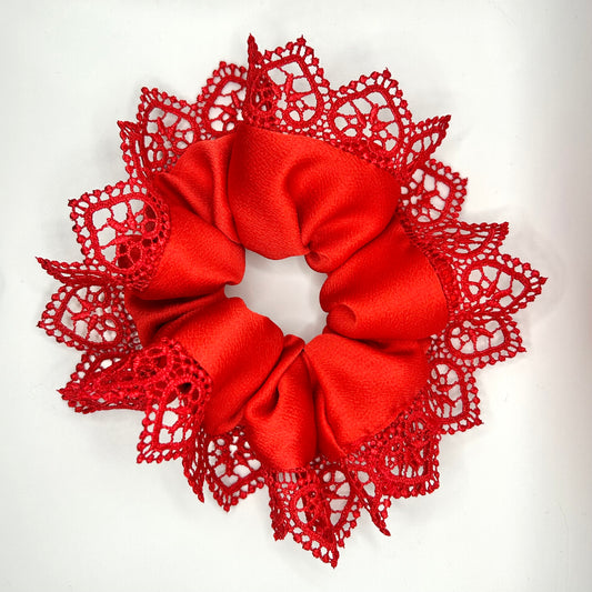 Red Satin Scrunchie with Love Heart Trim