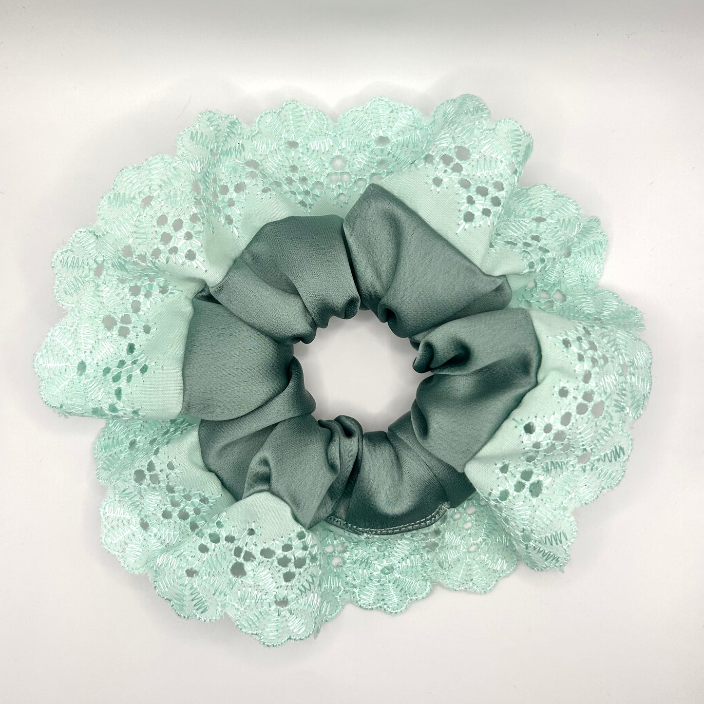 Duck Egg Blue Satin Scrunchie with Aqua Lace Trim