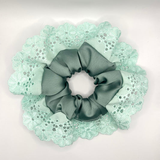 Duck Egg Blue Satin Scrunchie with Aqua Lace Trim