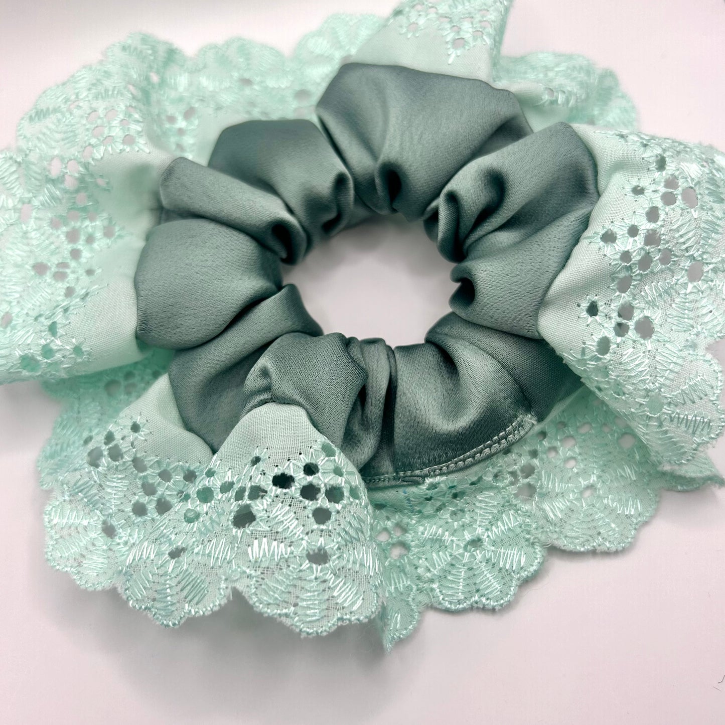 Duck Egg Blue Satin Scrunchie with Aqua Lace Trim