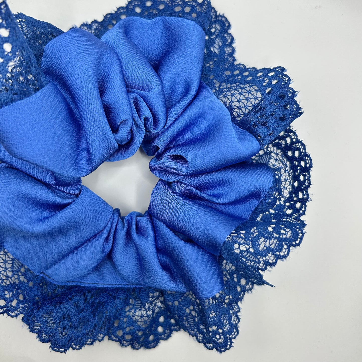 Royal Blue Satin Scrunchie with Lace Trim