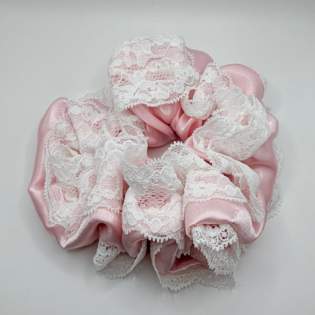 Baby Pink Satin Scrunchie with Lace Trim