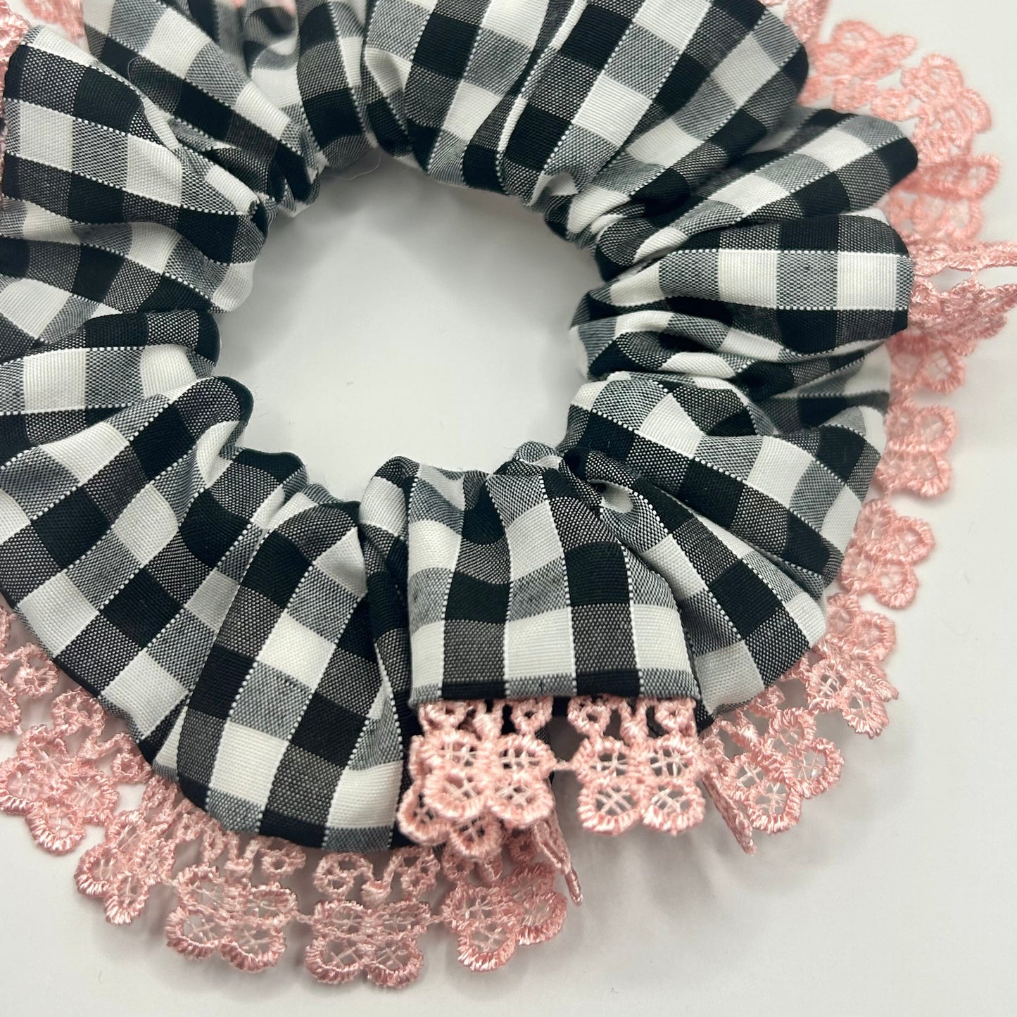 Black and White Gingham Scrunchie with Pink Trim