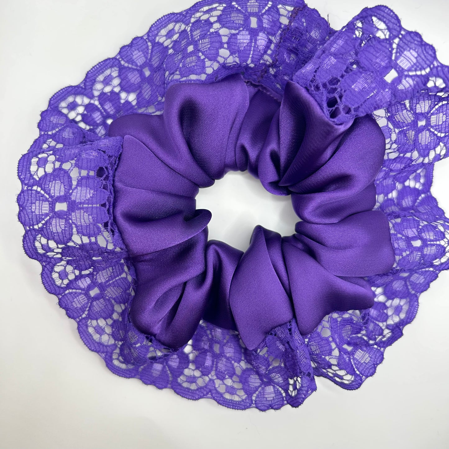 Deep Purple Satin Scrunchie with Floral Lace Trim