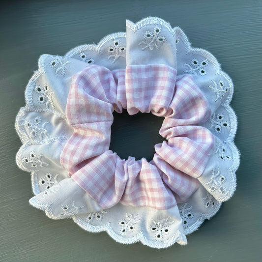 Large Pale Pink Gingham Scrunchie with Broderie Trim