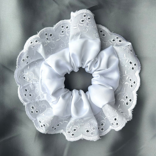 Large White Scrunchie with Broderie Trim (Muslin or Satin)