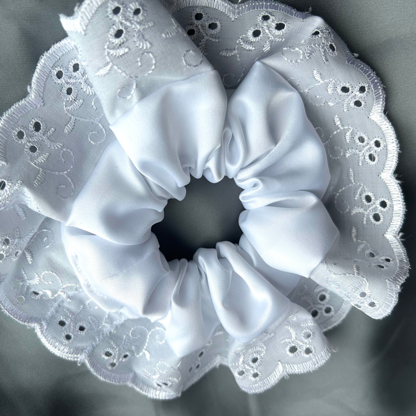 Large White Scrunchie with Broderie Trim (Muslin or Satin)