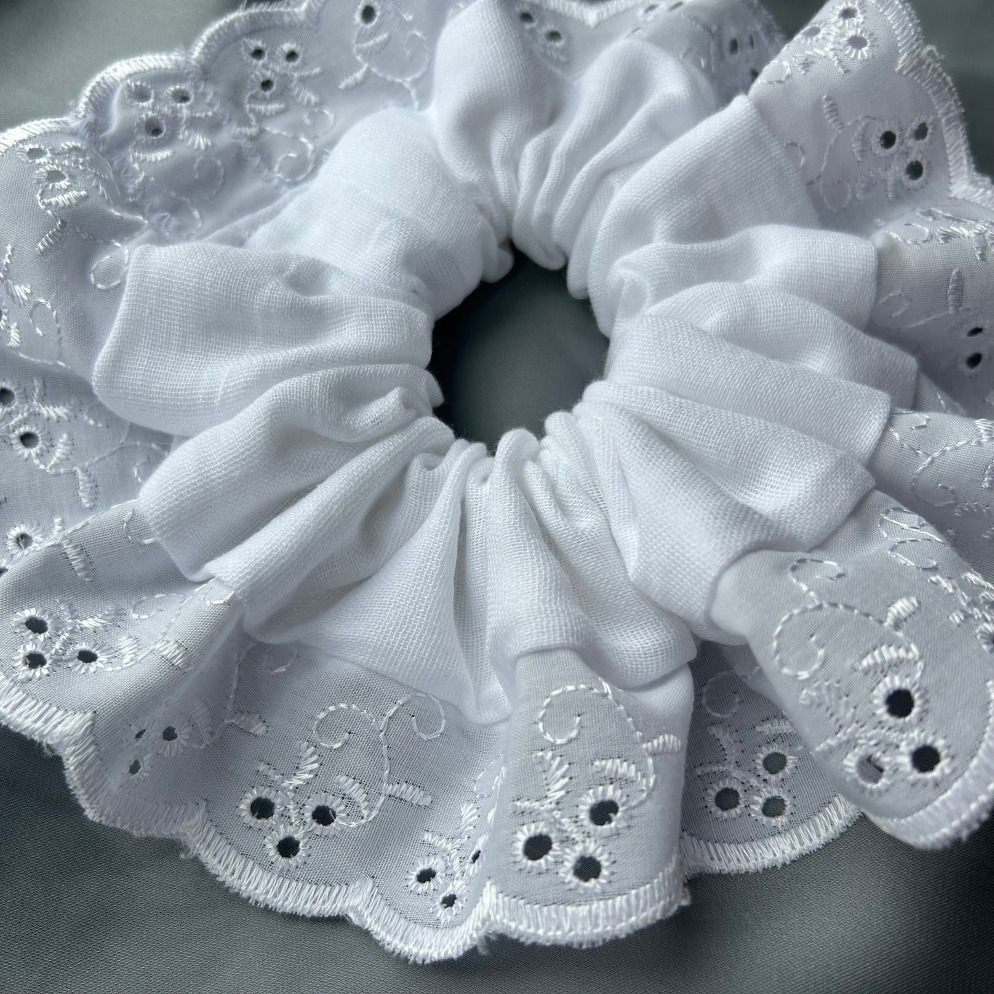 Large White Scrunchie with Broderie Trim (Muslin or Satin)
