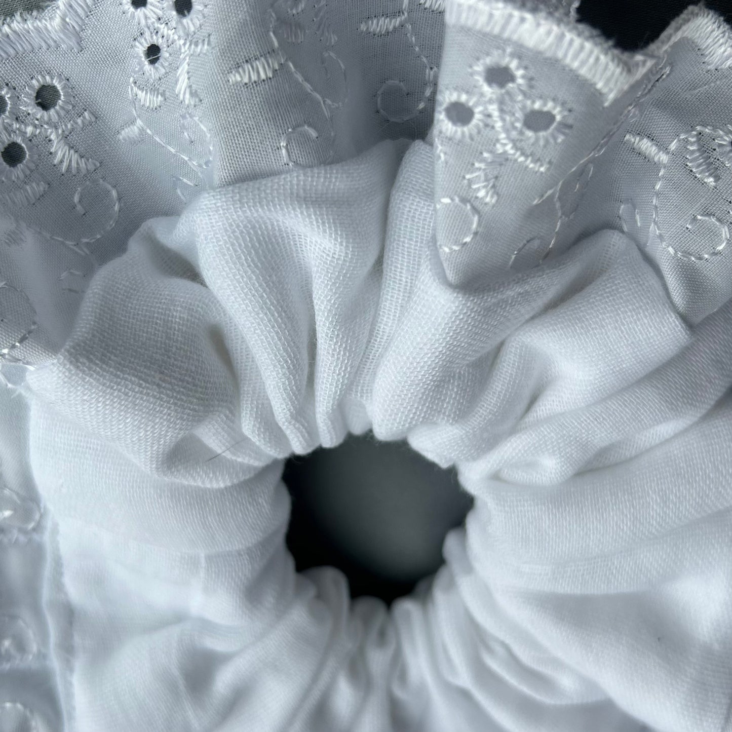 Large White Scrunchie with Broderie Trim (Muslin or Satin)
