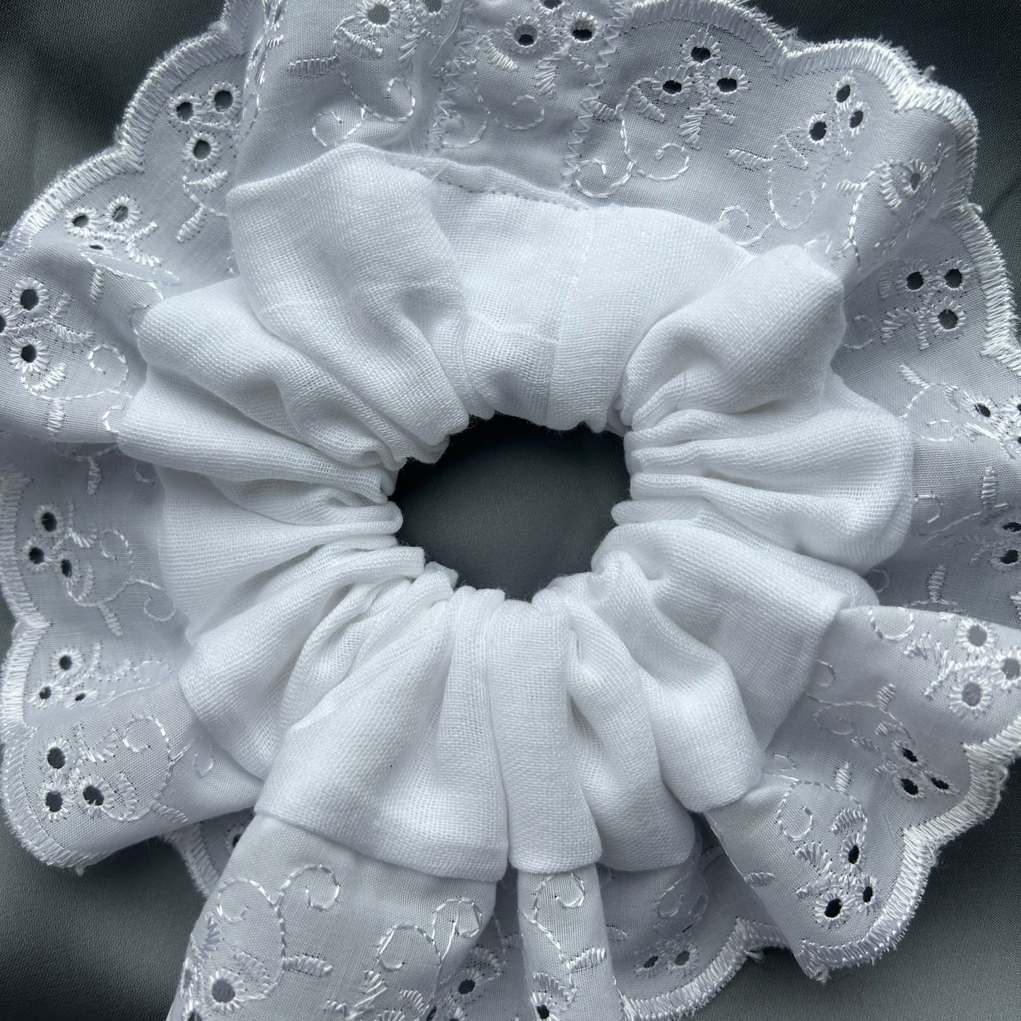 Large White Scrunchie with Broderie Trim (Muslin or Satin)