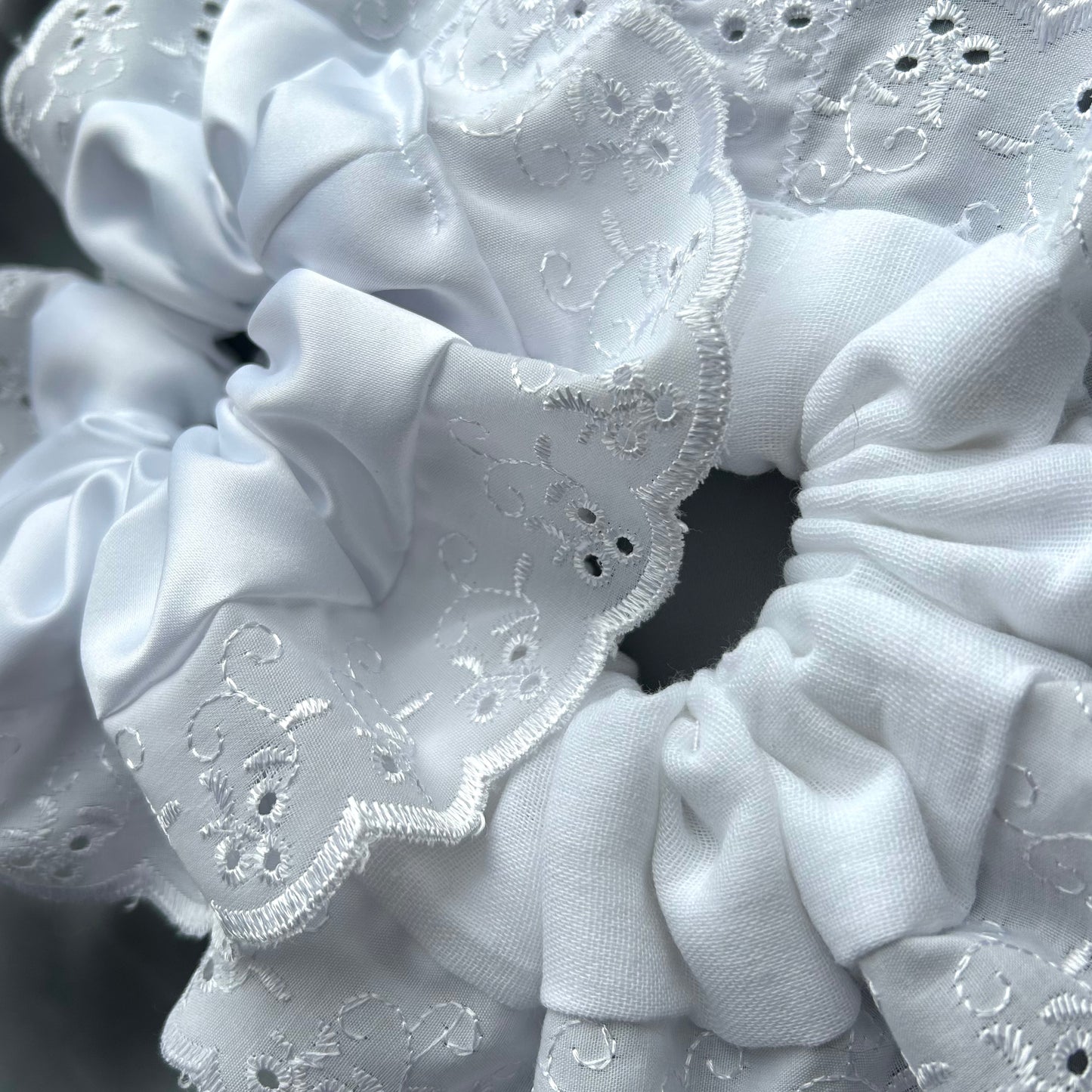 Large White Scrunchie with Broderie Trim (Muslin or Satin)