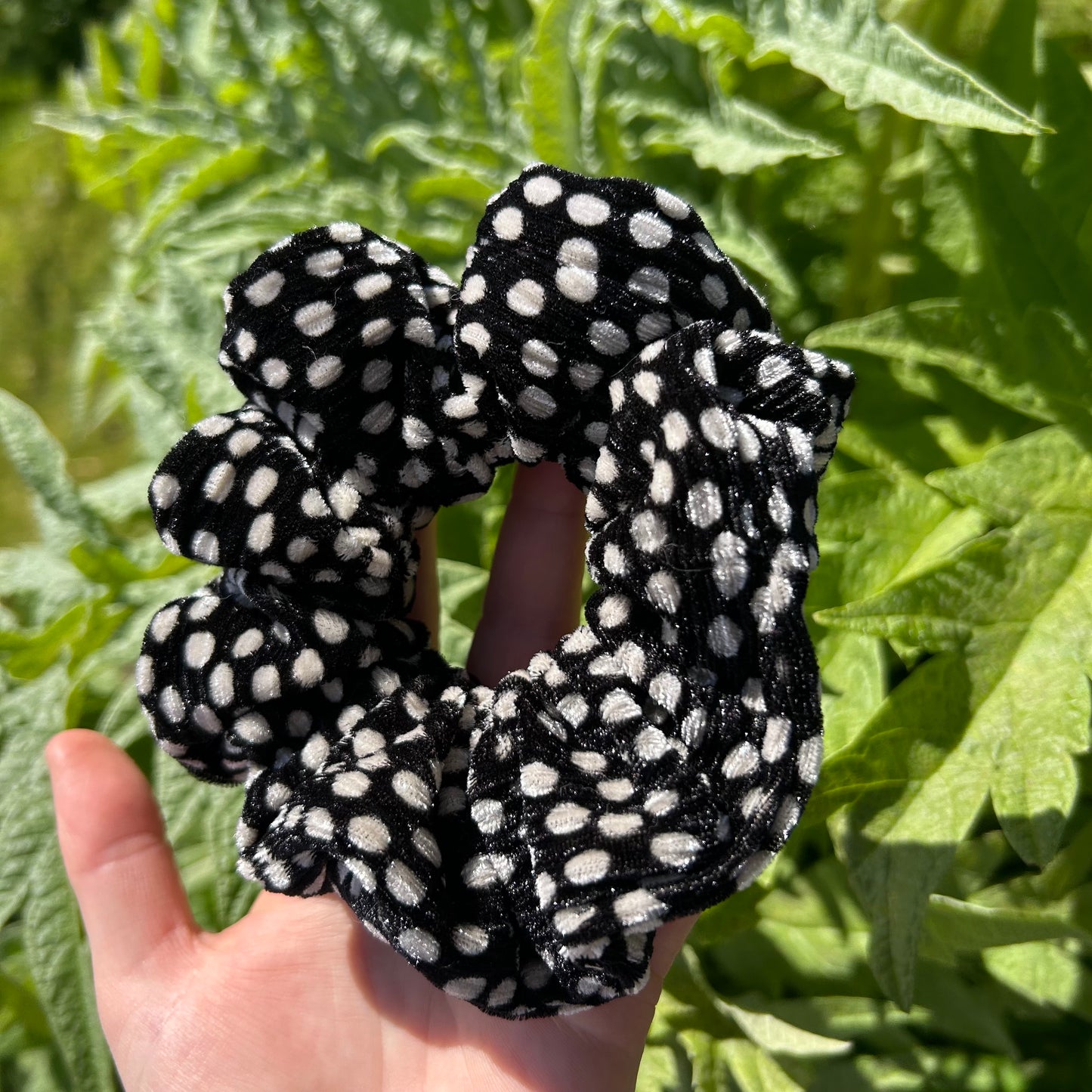 Black and White Polka Dot Velvet Scrunchie