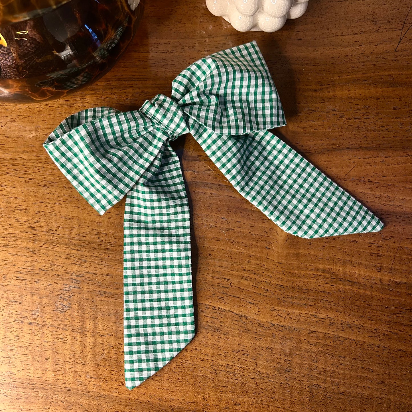 Green Gingham Hair Bow on Silver Clip