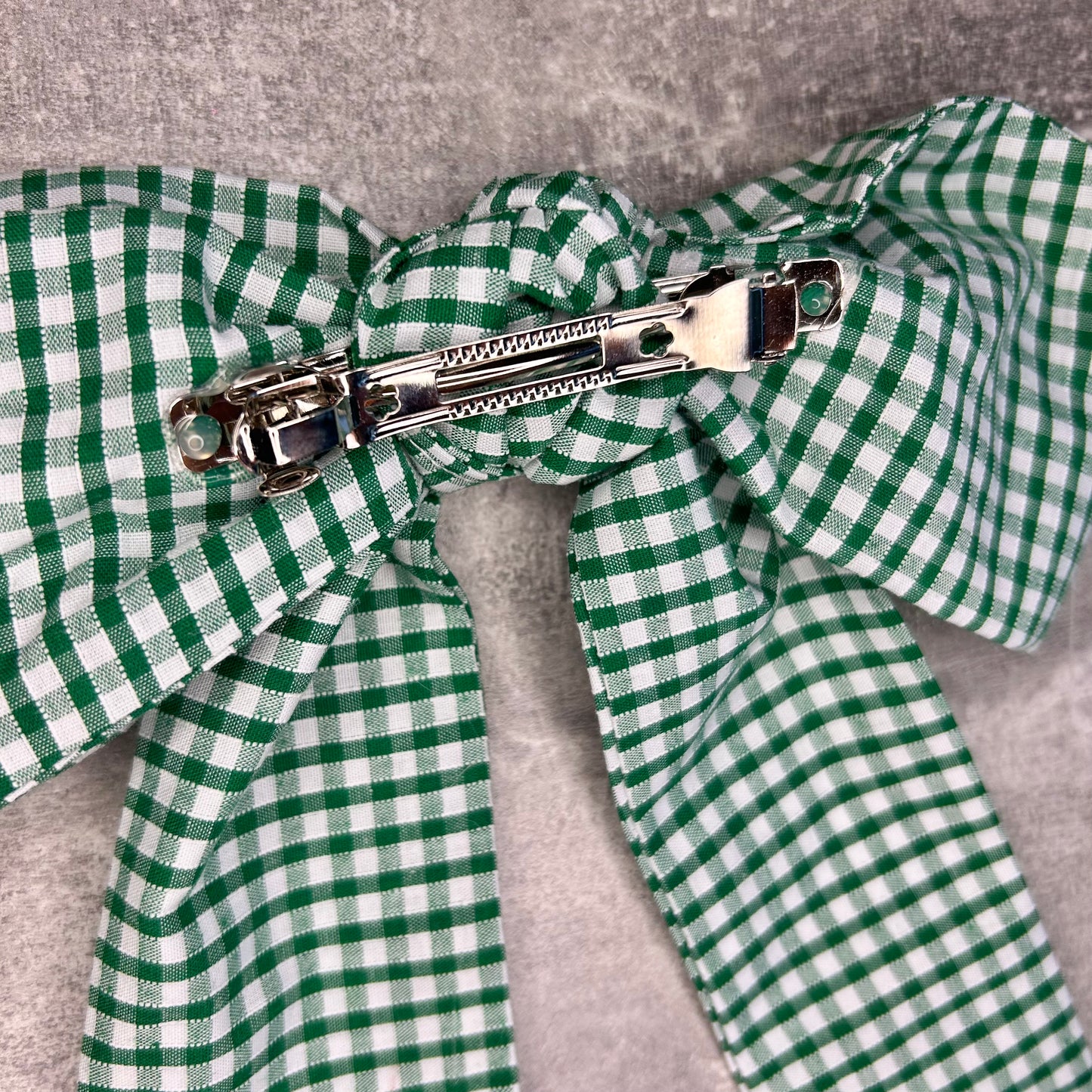 Green Gingham Hair Bow on Silver Clip