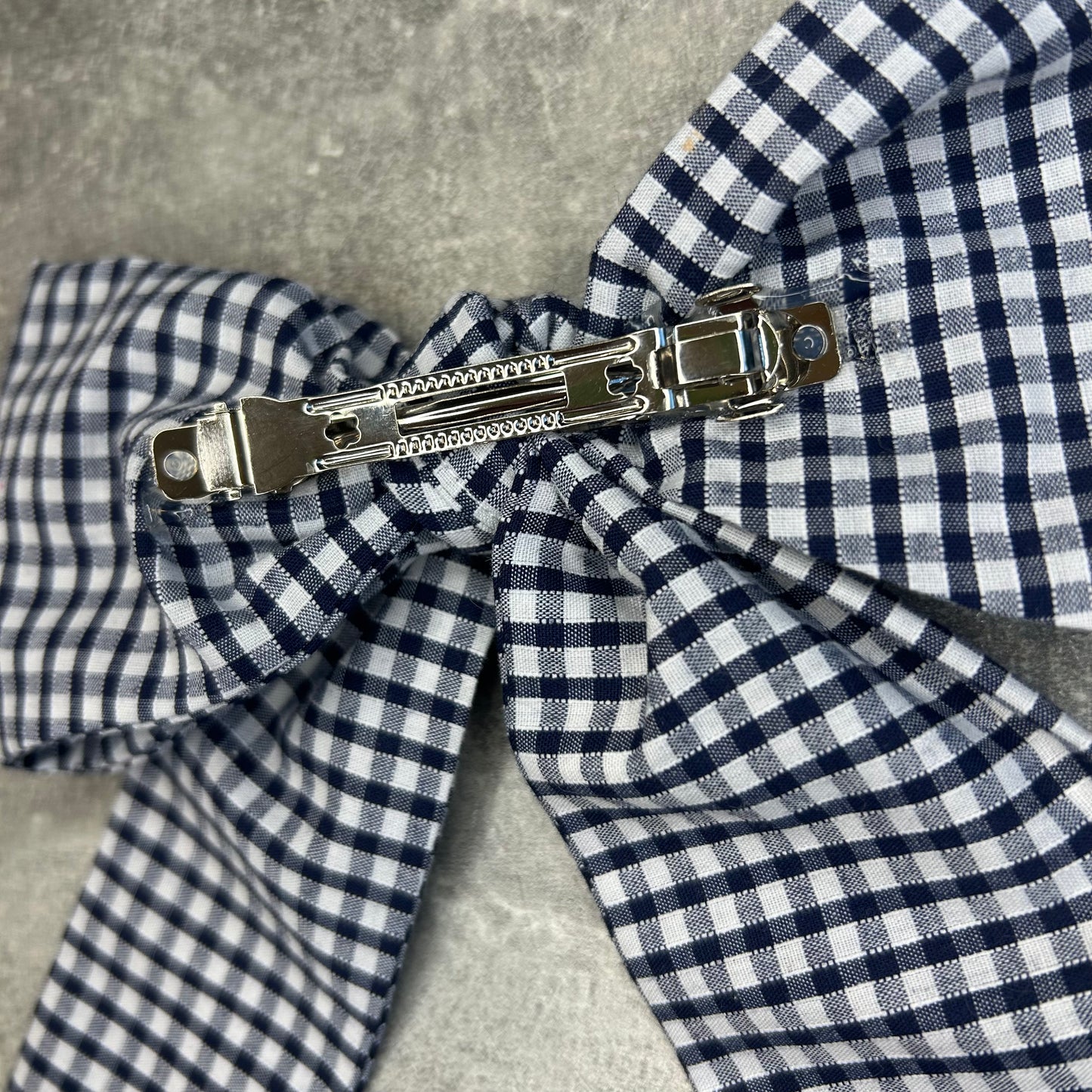 Navy Gingham Hair Bow on Silver Clip