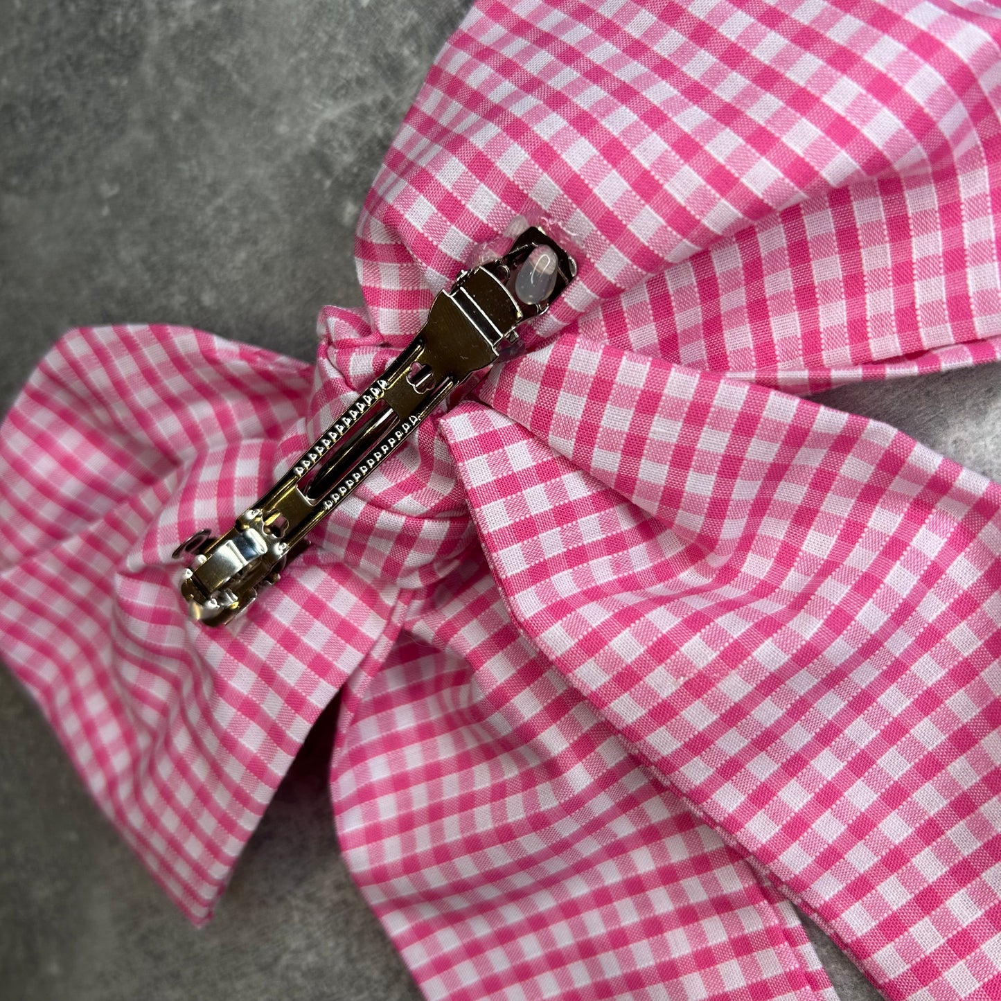 Pink Gingham Hair Bow on Silver Clip