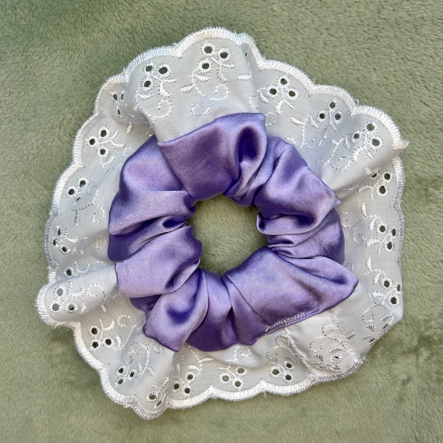 Lilac Satin Scrunchie with Broderie Trim