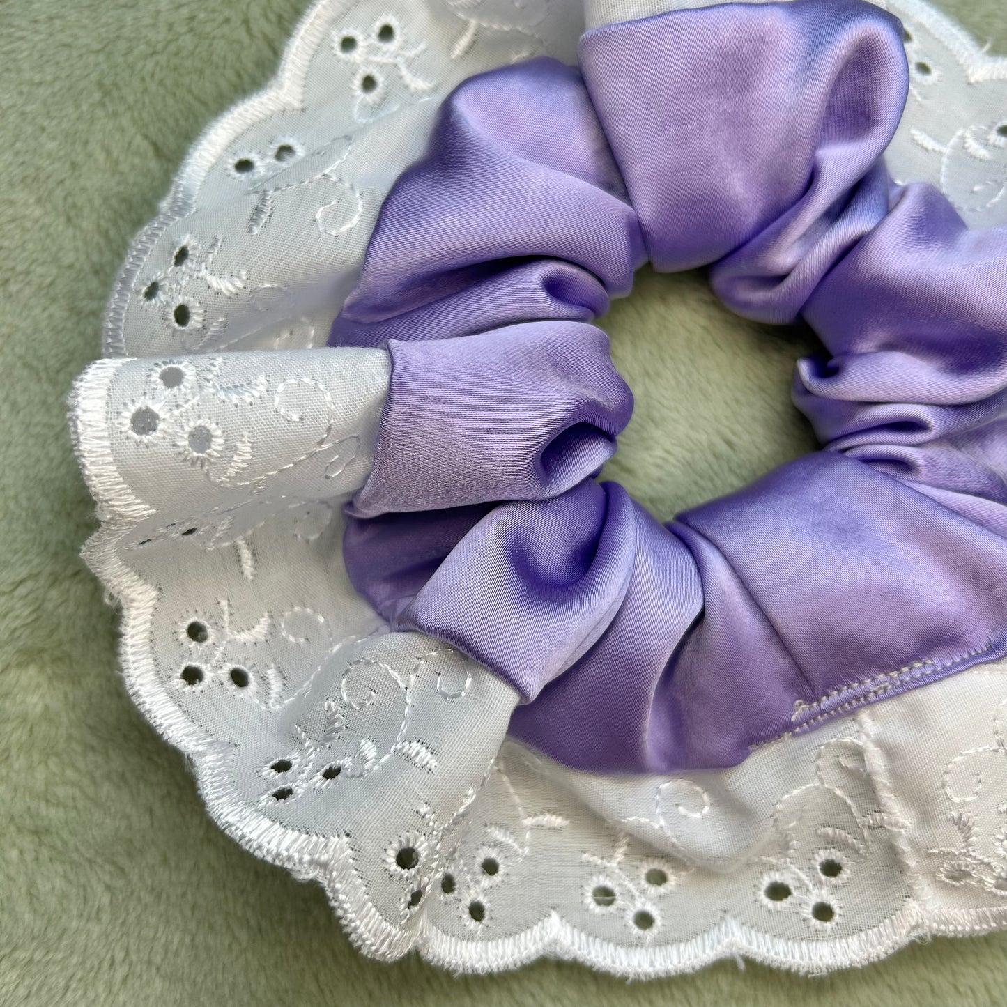 Lilac Satin Scrunchie with Broderie Trim