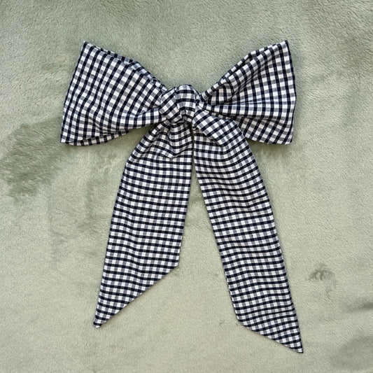 Navy Gingham Hair Bow on Silver Clip