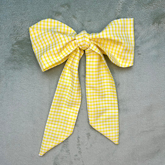 Yellow Gingham Hair Bow on Silver Clip