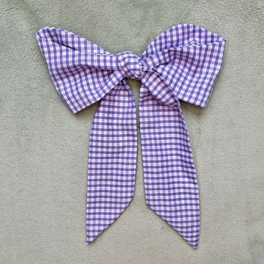 Lilac Gingham Hair Bow on Silver Clip