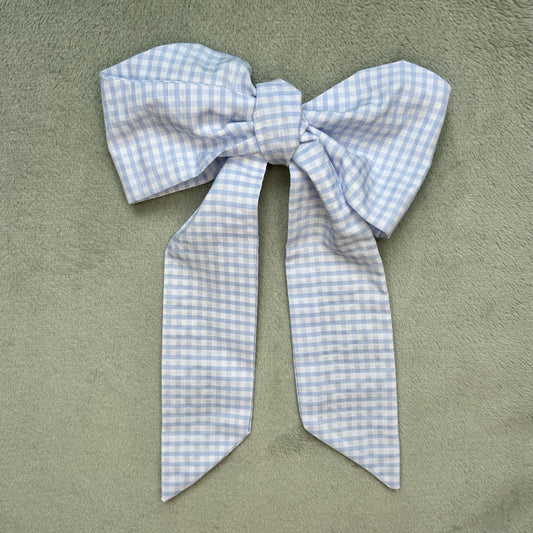 Pale Blue Gingham Hair Bow on Silver Clip