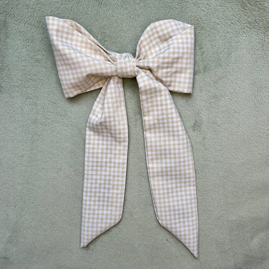 Beige Gingham Hair Bow on Silver Clip