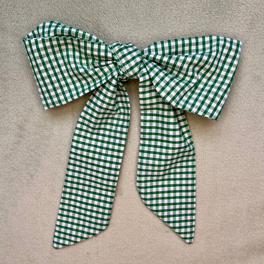 Green Gingham Hair Bow on Silver Clip