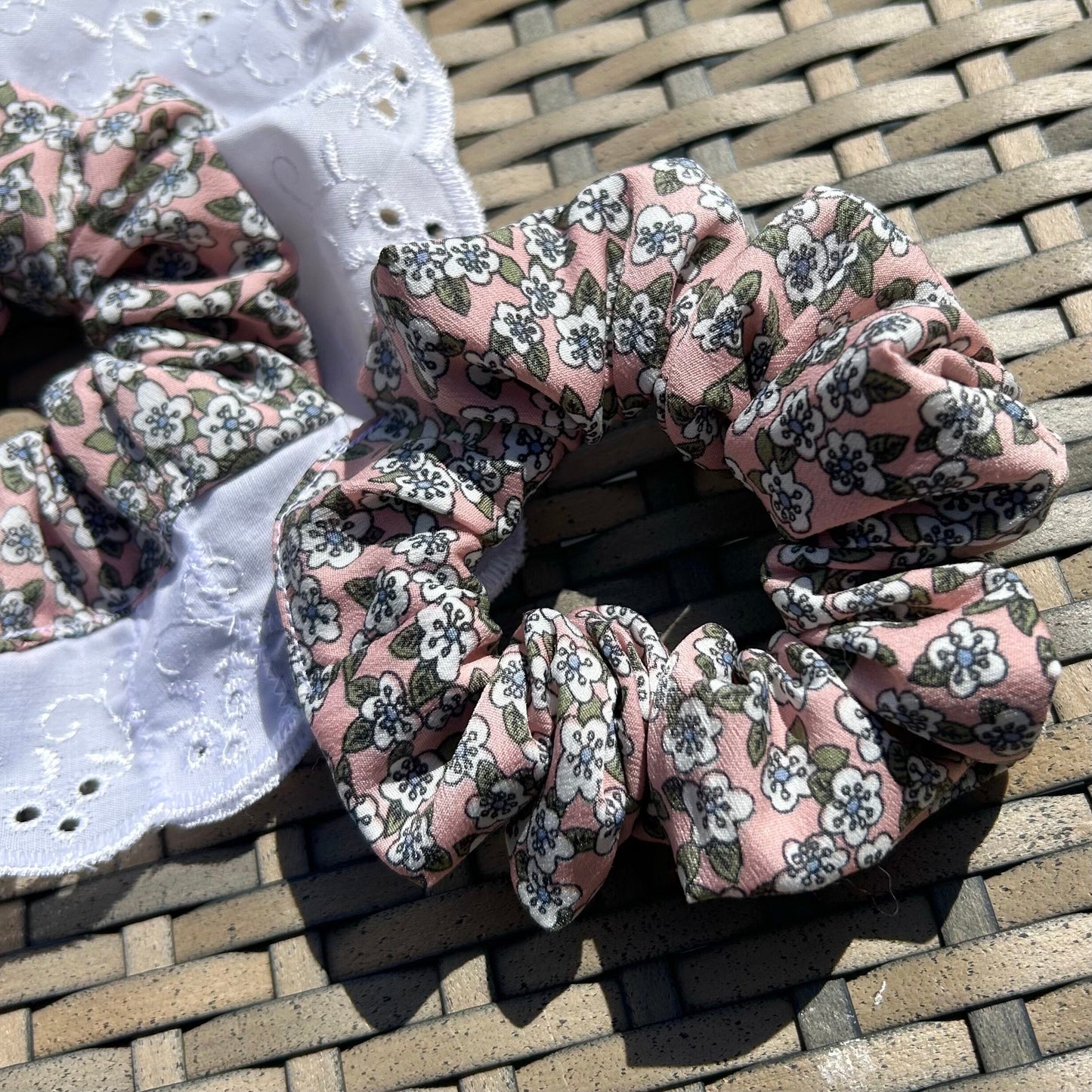 Baby Pink and Pale Green Spring Floral Scrunchie | Soft Cotton | Handmade | That Scrunchie Brand