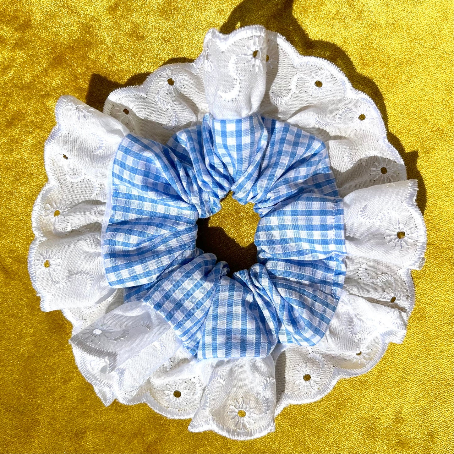 Large Light Blue Gingham Scrunchie with Broderie Trim