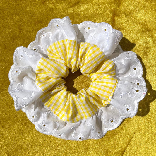 Large Yellow Gingham Scrunchie with Broderie Trim