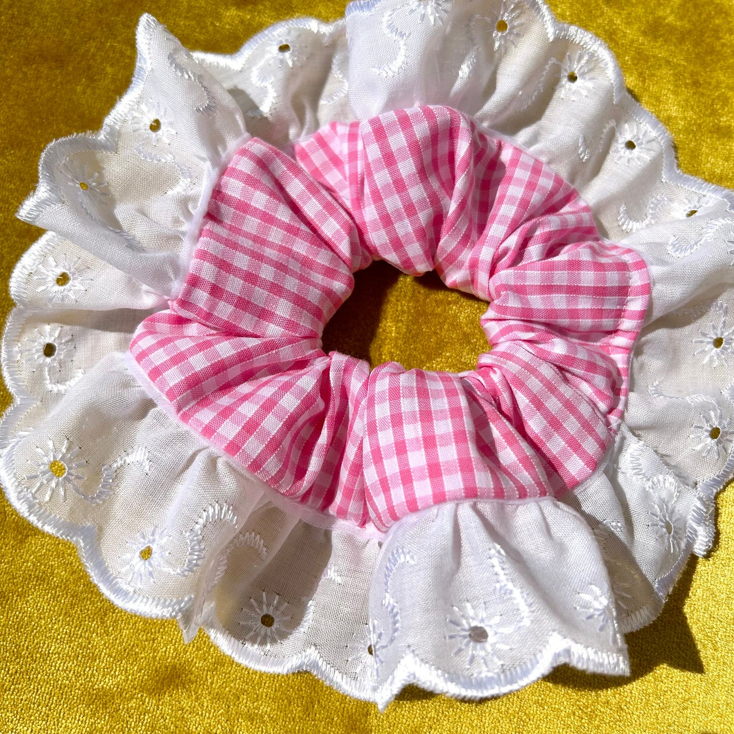 Large Pink Gingham Scrunchie with Broderie Trim